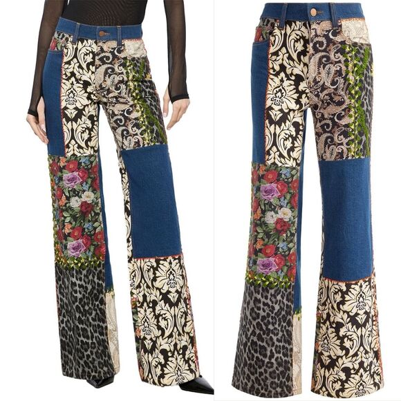 ALICE + OLIVIA Weezy Patchwork Mixed Media Jeans - Picture 2 of 11